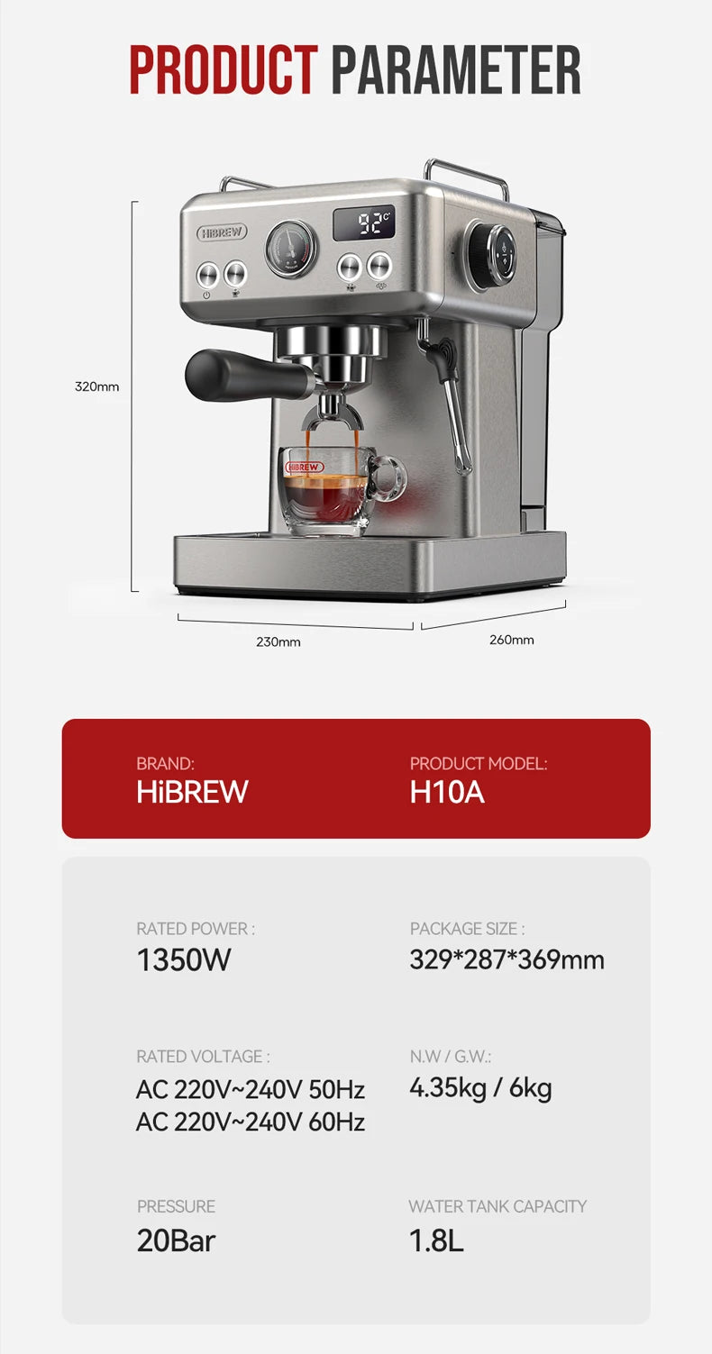 HiBREW 20Bar Semi Automatic Espresso Coffee Machine Temperature Adjustable 58mm Portafilter Cold/Hot Coffee Maker Metal CaseH10A