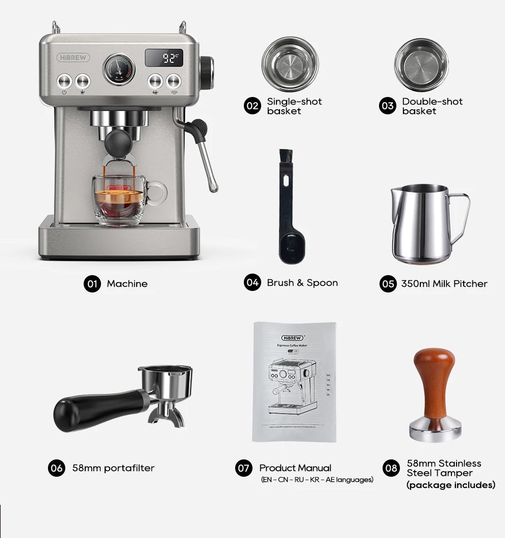 HiBREW 20Bar Semi Automatic Espresso Coffee Machine Temperature Adjustable 58mm Portafilter Cold/Hot Coffee Maker Metal CaseH10A