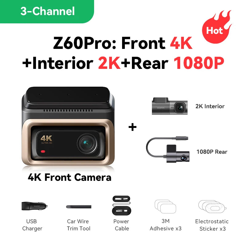 DDPAI 4K Dash Cam Z60 Pro Support Rear and Interior Car Camera SONY STARVIS2 Sensor 24h Parking 5GHz Wi-Fi ADAS GPS 4G Car DVR