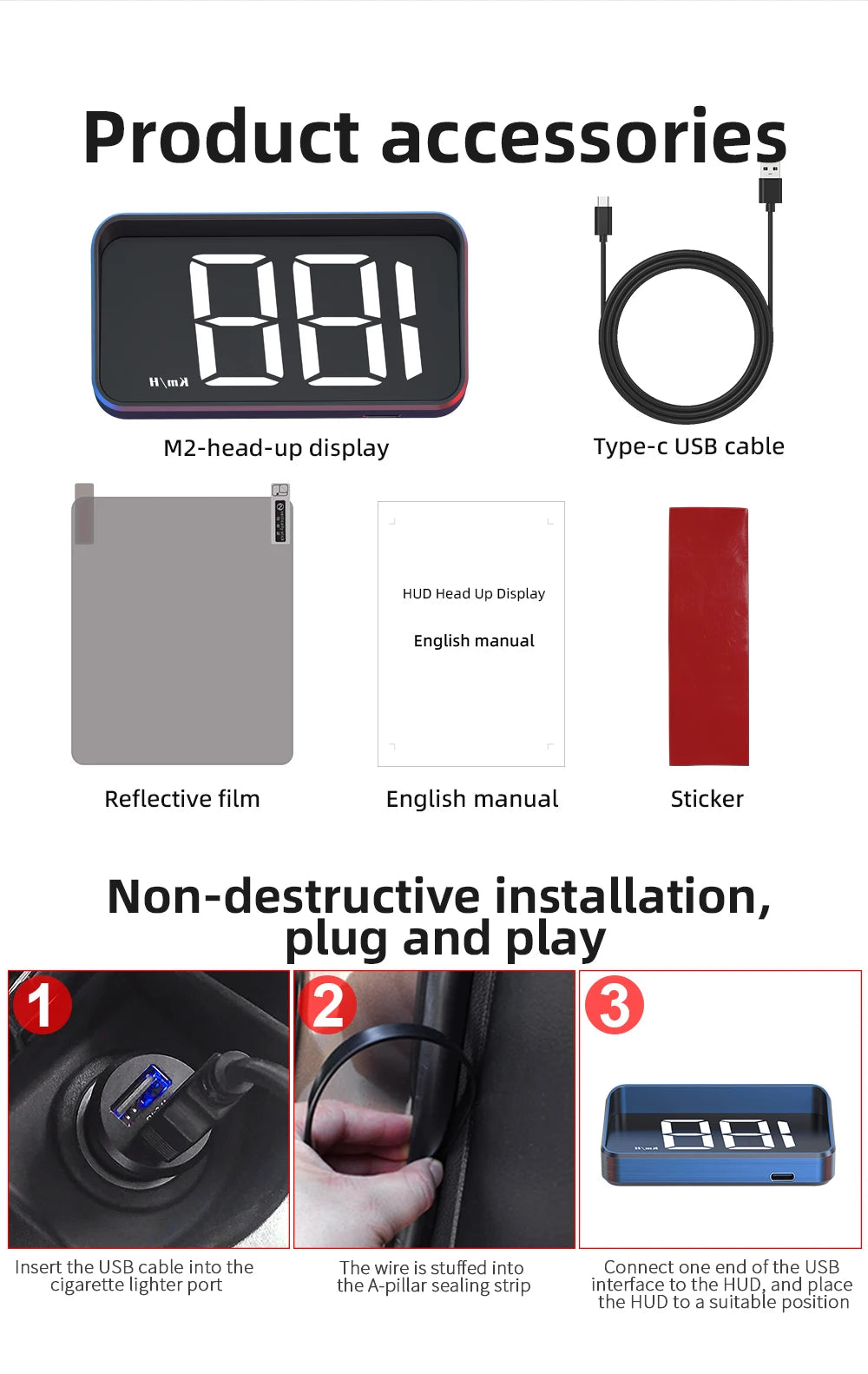 HD Car Head up Display M2 GPS Speedometer KM/H Digital HUD Windshield Projector Universal Auto Electronics Accessory