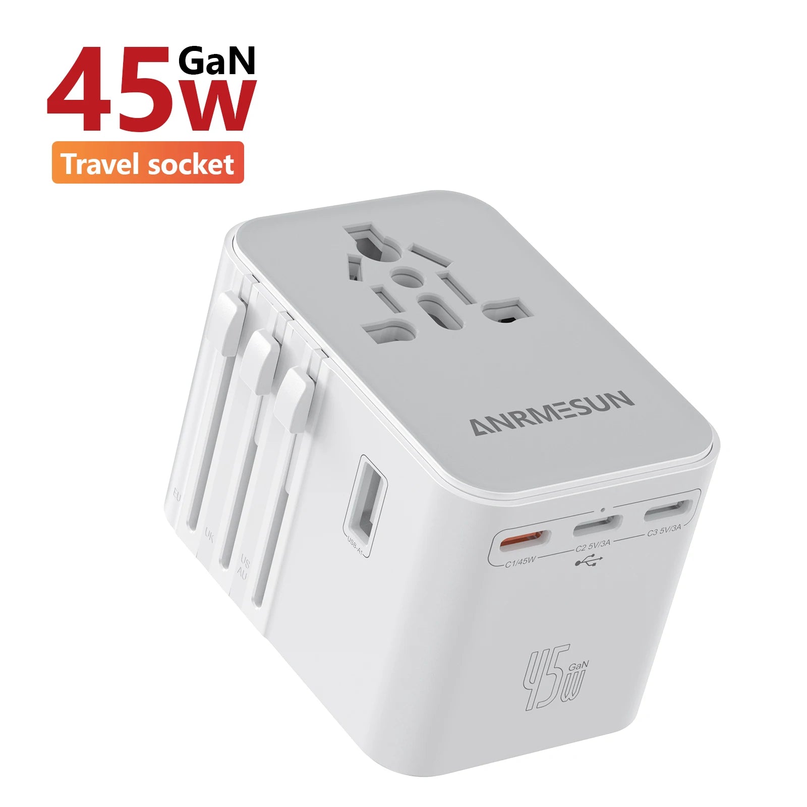 Universal Travel Adapter with 4 AC Outlets Max 2400W 2 USB Port 2 Type-C PD 65W Ports All-in-One Fast Charging EU UK US AUS Plug