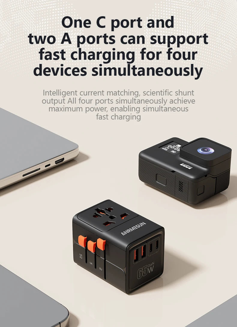 Universal Travel Adapter with 4 AC Outlets Max 2400W 2 USB Port 2 Type-C PD 65W Ports All-in-One Fast Charging EU UK US AUS Plug