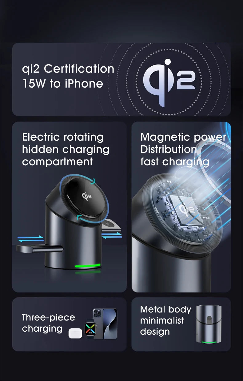 New Truly Qi2 3 In 1 Magnetic Touch Button Wireless Charger For Android iPhone iWatch Airpods Magsafe Fast Charging Dock Station