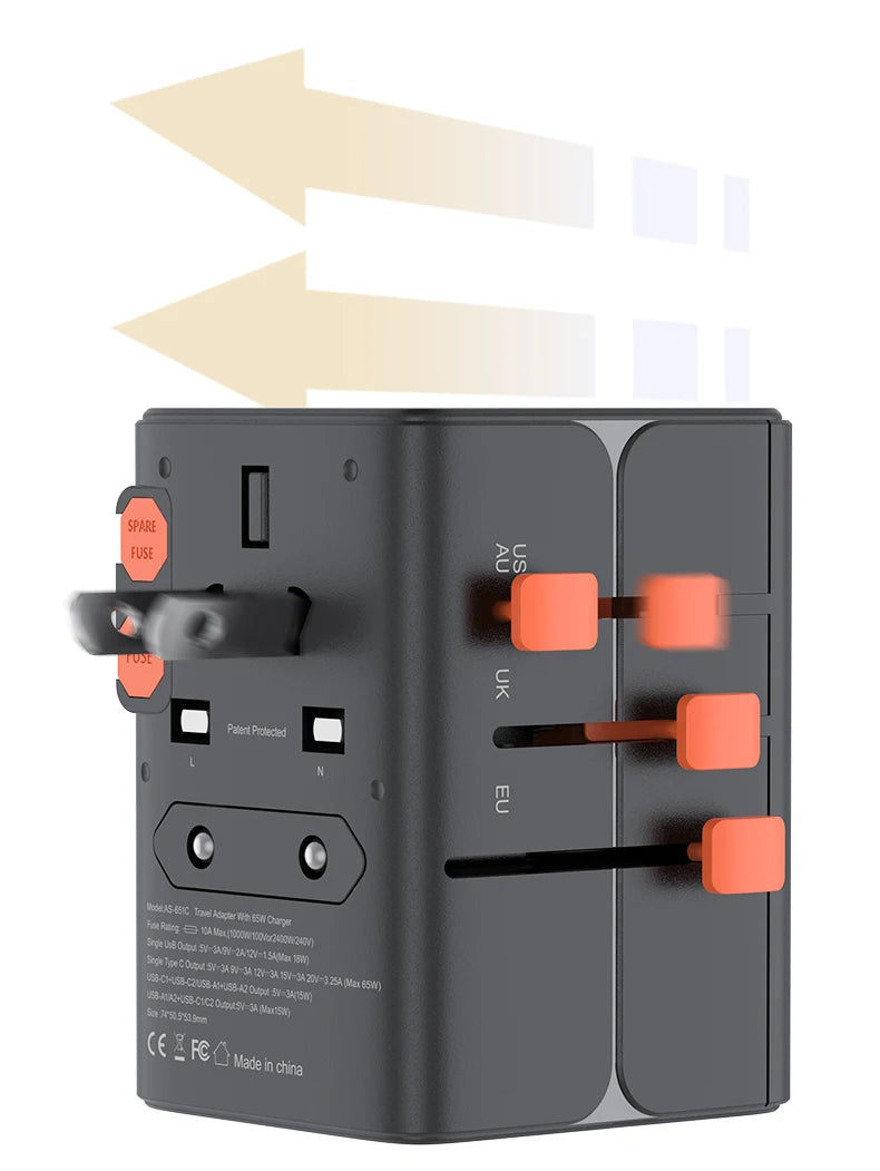 Universal Travel Adapter with 4 AC Outlets Max 2400W 2 USB Port 2 Type-C PD 65W Ports All-in-One Fast Charging EU UK US AUS Plug