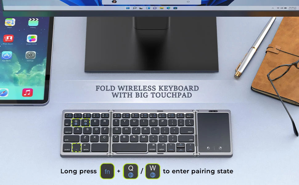 Dual Bluetooth 5.1 Keyboard 3-Folding Mini Keyboard Rechargeable Foldable Keyboard with Touchpad for Windows Android IOS iPad