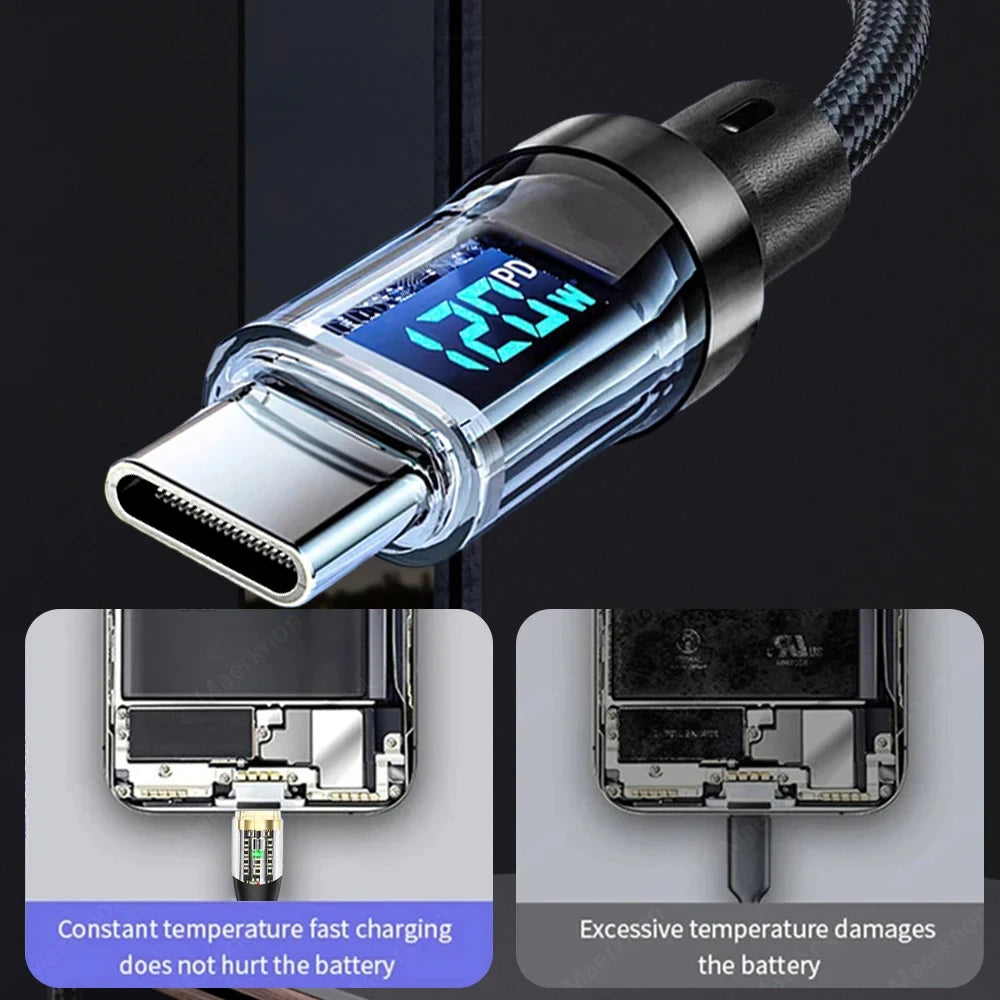 NNBILI 100W USB C 120W USB A charging cables with LED display screen, USB C=C-C，USB A=A-C,Xiaomi iPhone、 Samsung not compatible
