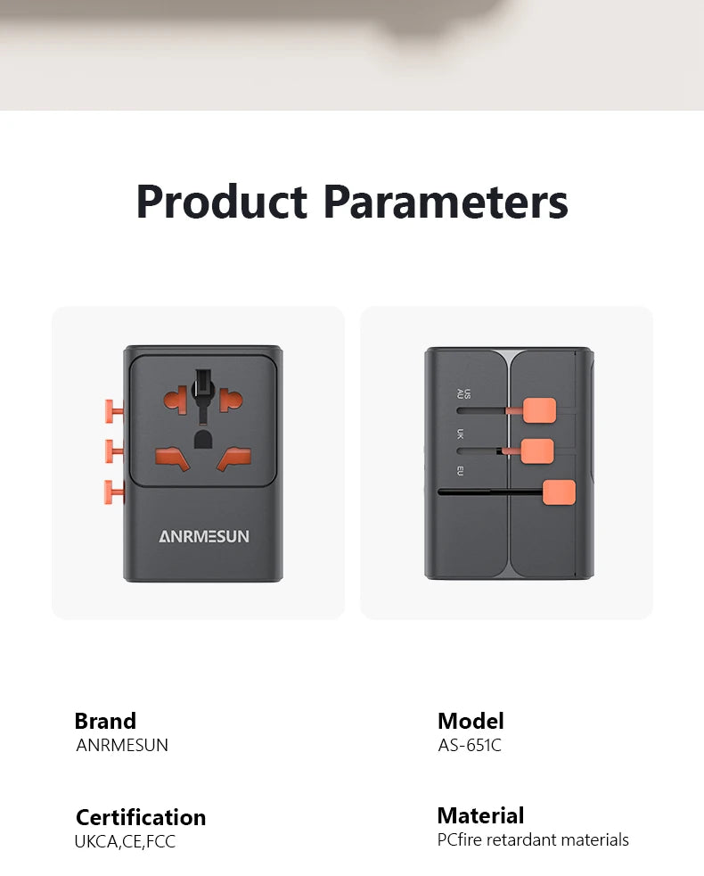 Universal Travel Adapter with 4 AC Outlets Max 2400W 2 USB Port 2 Type-C PD 65W Ports All-in-One Fast Charging EU UK US AUS Plug
