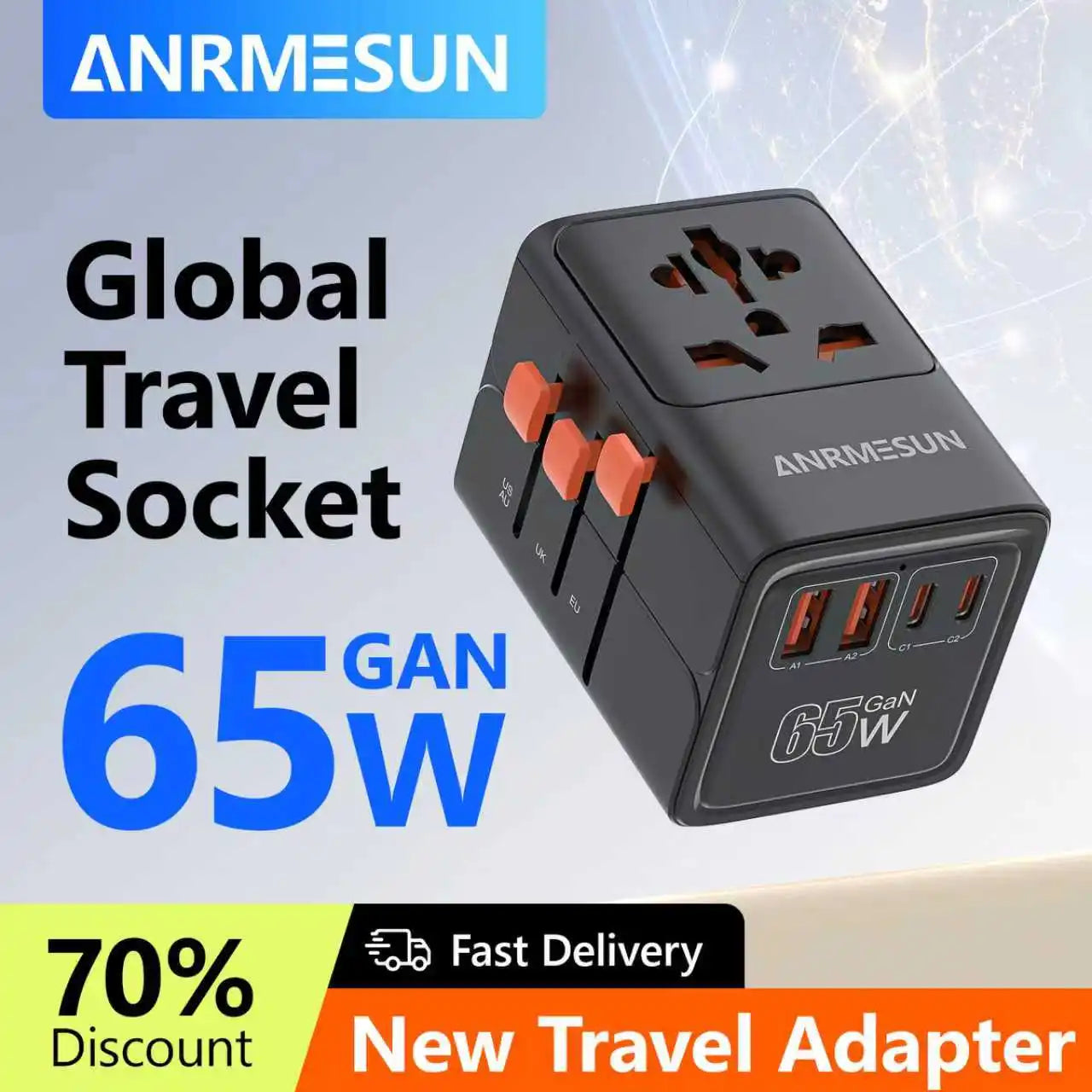 Universal Travel Adapter with 4 AC Outlets Max 2400W 2 USB Port 2 Type-C PD 65W Ports All-in-One Fast Charging EU UK US AUS Plug