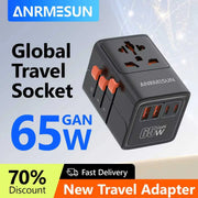 Universal Travel Adapter with 4 AC Outlets Max 2400W 2 USB Port 2 Type-C PD 65W Ports All-in-One Fast Charging EU UK US AUS Plug