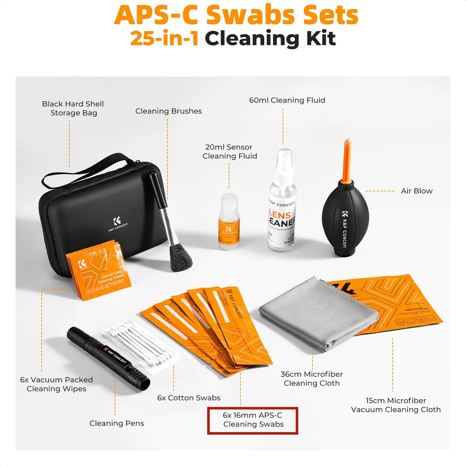 K&F CONCEPT 25 in 1 Camera Cleaning Kit with Camera Blower Wipes Cloth Swabs Cleaner Liquid Cleaning Pen for Camera Lens Phone