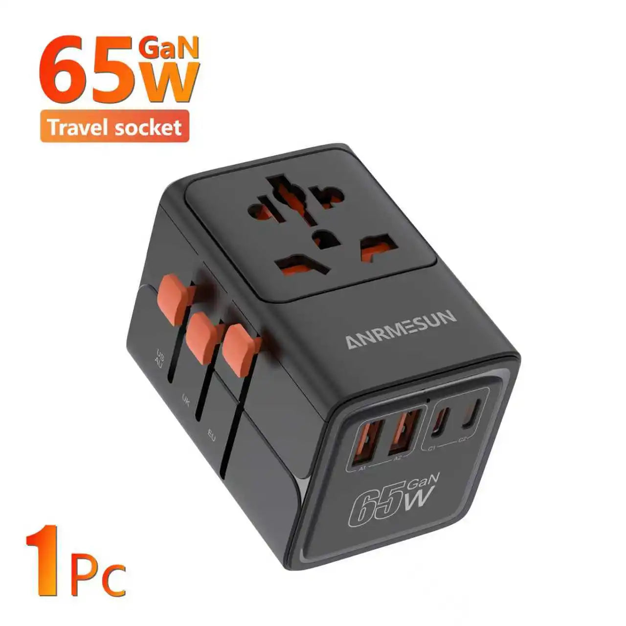 Universal Travel Adapter with 4 AC Outlets Max 2400W 2 USB Port 2 Type-C PD 65W Ports All-in-One Fast Charging EU UK US AUS Plug