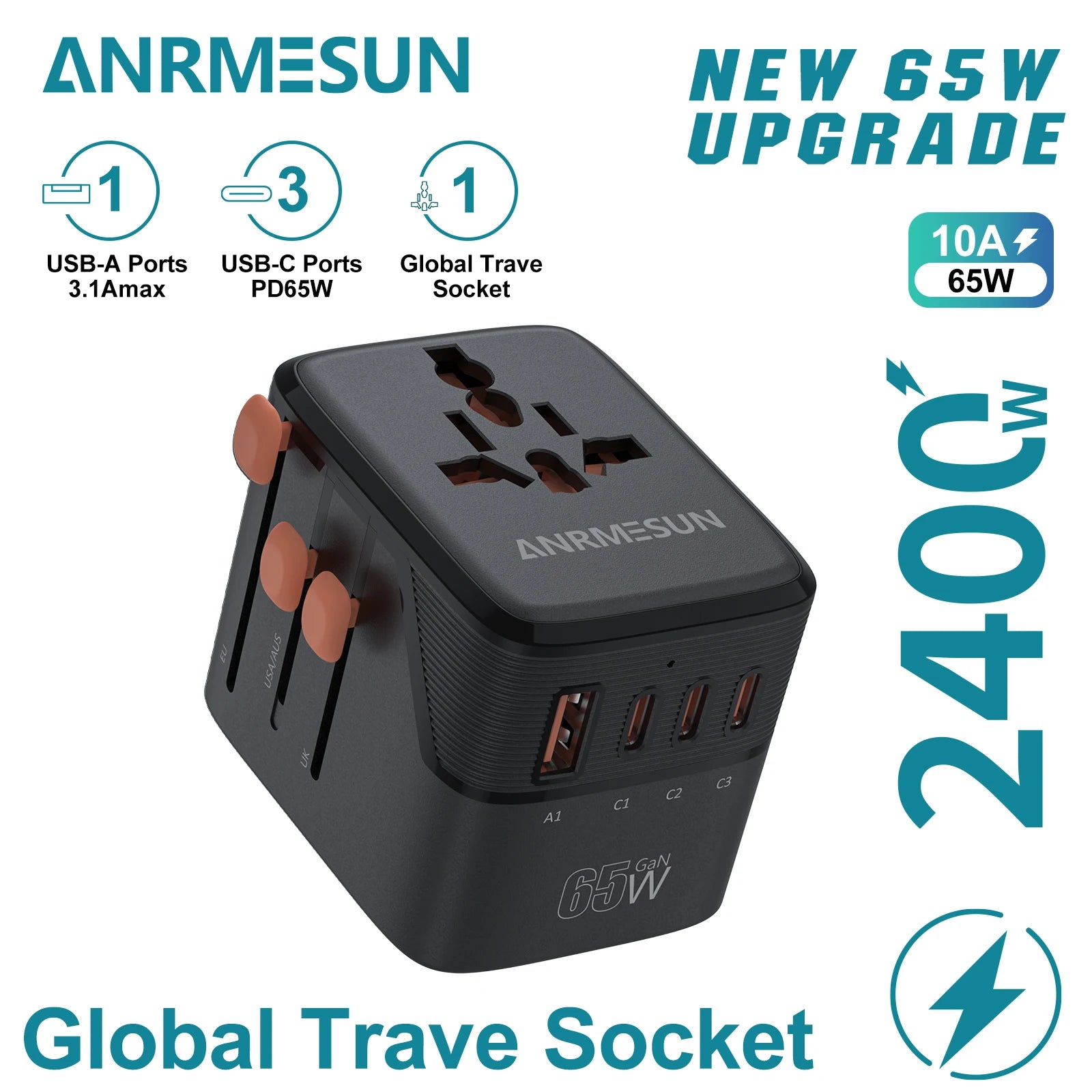 Universal Travel Adapter with 4 AC Outlets Max 2400W 2 USB Port 2 Type-C PD 65W Ports All-in-One Fast Charging EU UK US AUS Plug