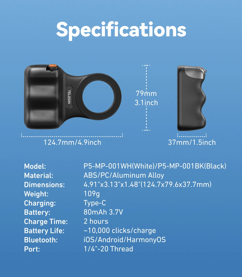 TELESIN Fun Shot Phone Camera Shoot Hand Grip Magnetic Phone Holder Shooting Aid Remote Control Handle for iPhone & Android