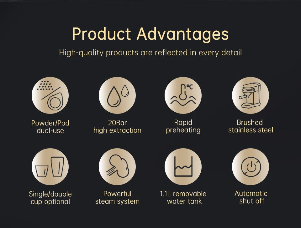 HiBREW Coffee Maker Cafetera 20 Bar Inox Semi Automatic Super Slim ESE POD& Powder Espresso Cappuccino Machine Hot Water H11