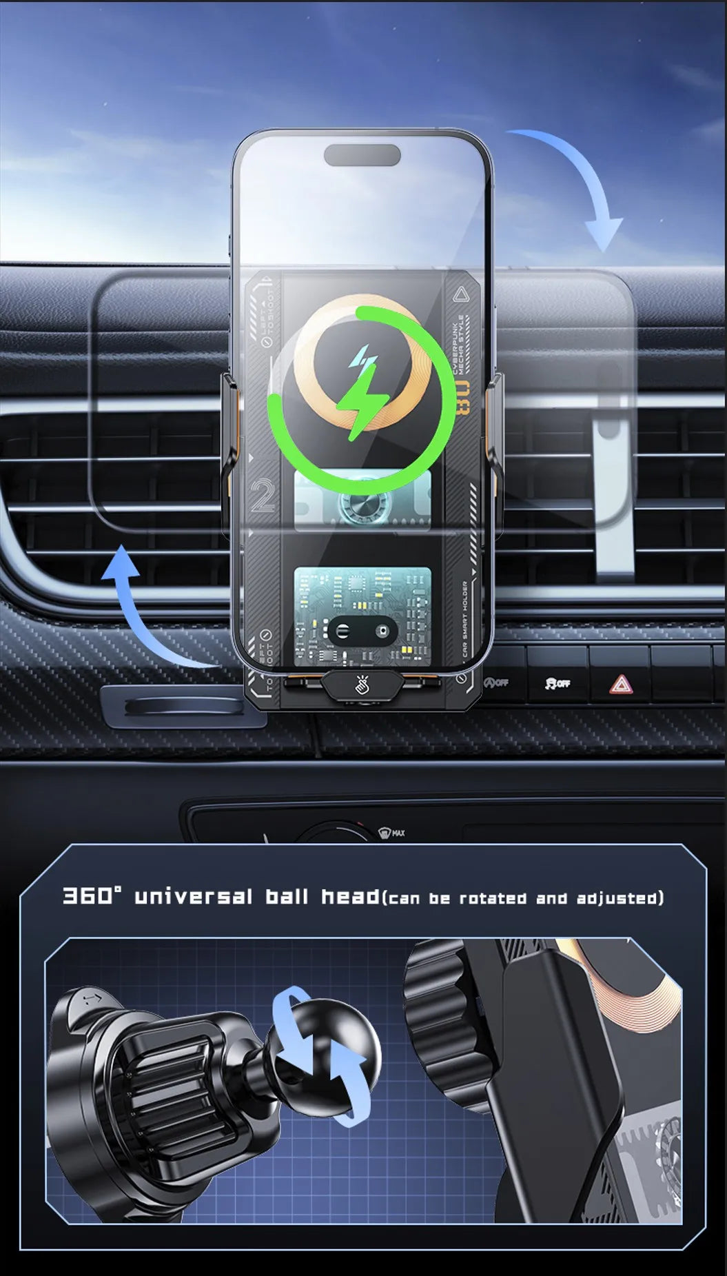 Car Smart Sensing Automatic Clamping Mounts For Samsung iPhone Xiaomi Phone Holder Wireless Charger Mounts 15W/66W Fast Charging