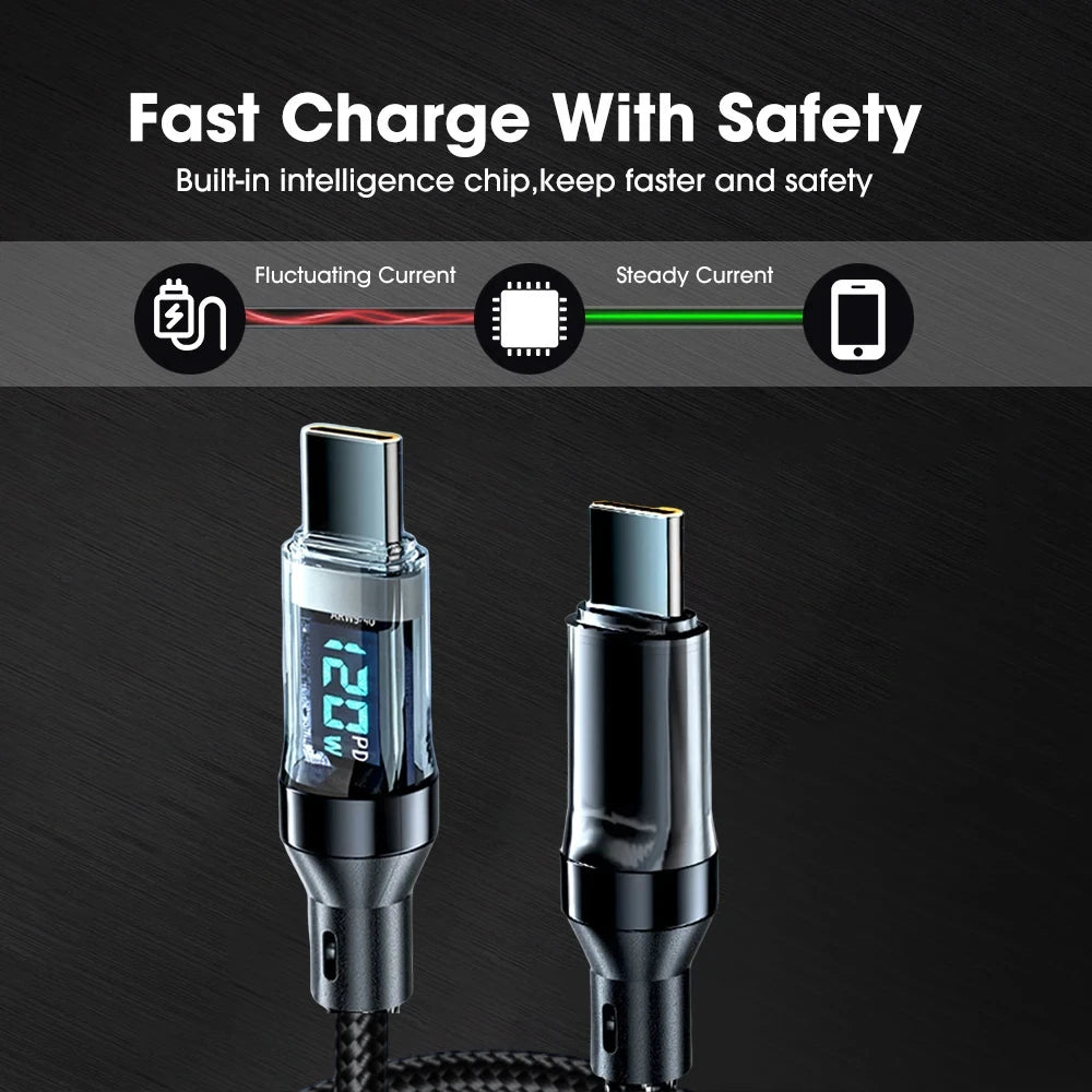 NNBILI 100W USB C 120W USB A charging cables with LED display screen, USB C=C-C，USB A=A-C,Xiaomi iPhone、 Samsung not compatible