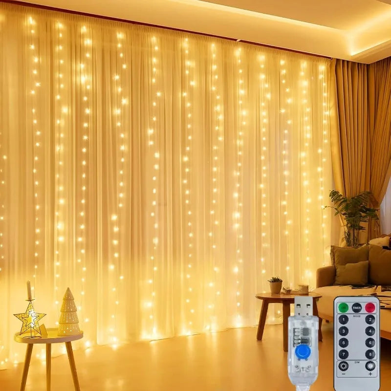Curtain Lights 300/600LED Dimmable Fairy Lights with Remote and Timer 8 Modes USB Powered String Lights for Room Wall Party Xmas