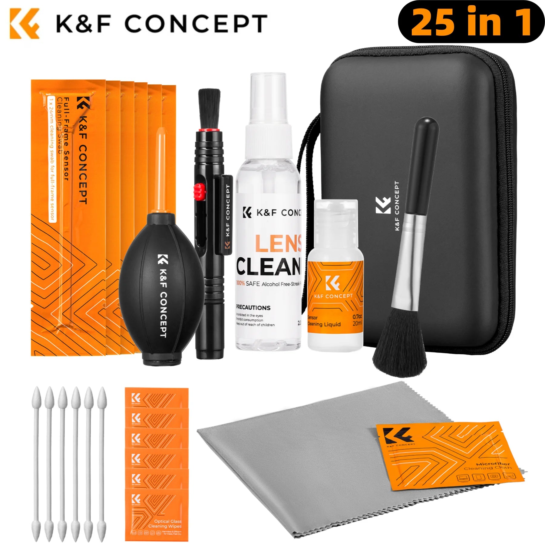 K&F CONCEPT 25 in 1 Camera Cleaning Kit with Camera Blower Wipes Cloth Swabs Cleaner Liquid Cleaning Pen for Camera Lens Phone