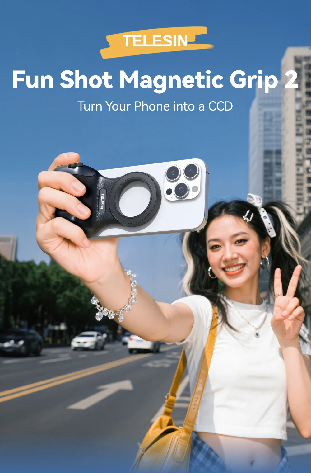 TELESIN Fun Shot Phone Camera Shoot Hand Grip Magnetic Phone Holder Shooting Aid Remote Control Handle for iPhone & Android