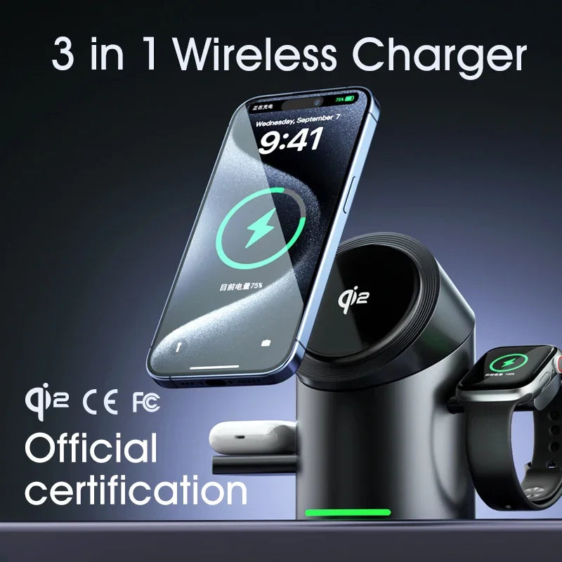 New Truly Qi2 3 In 1 Magnetic Touch Button Wireless Charger For Android iPhone iWatch Airpods Magsafe Fast Charging Dock Station