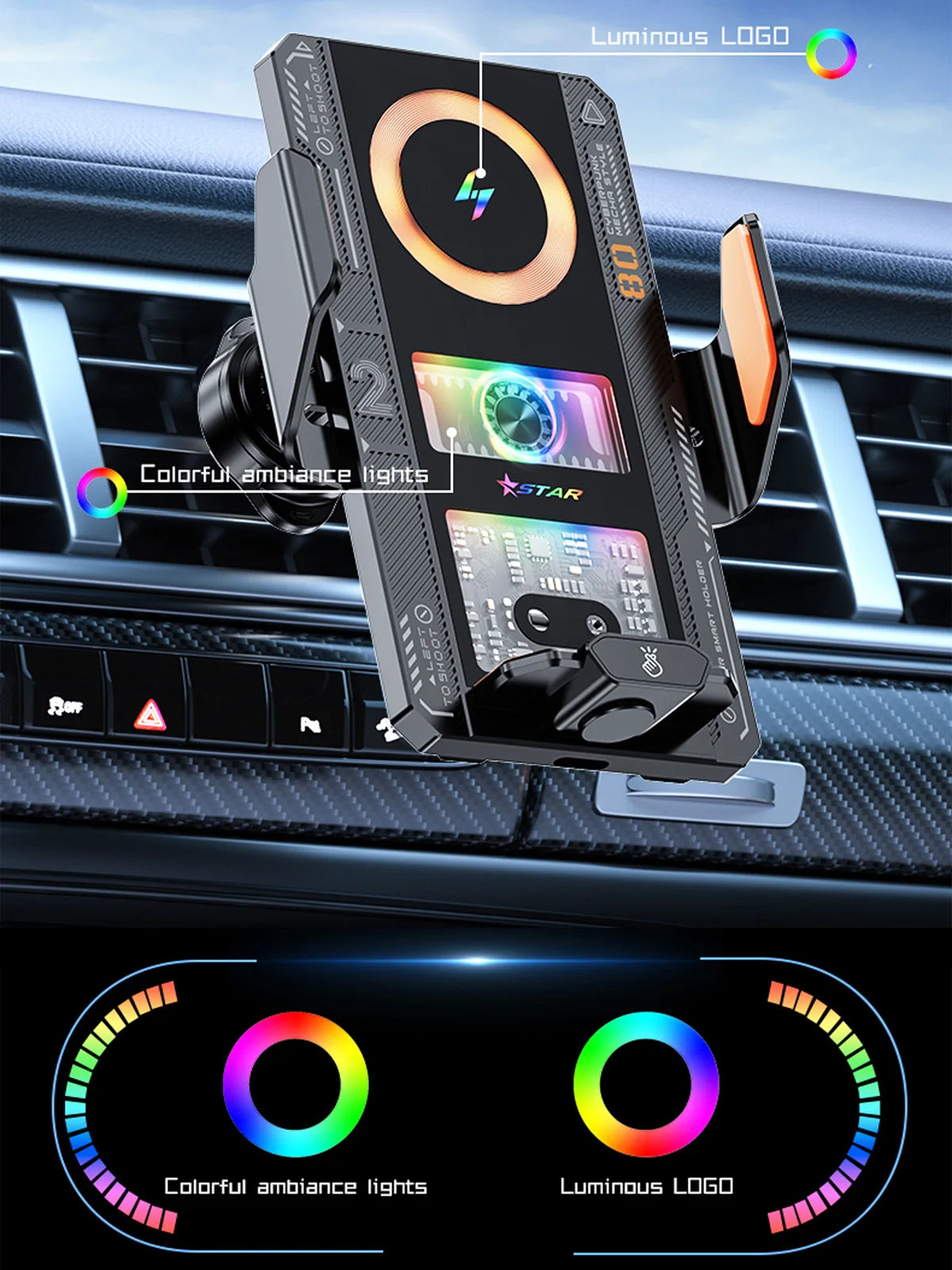 Car Smart Sensing Automatic Clamping Mounts For Samsung iPhone Xiaomi Phone Holder Wireless Charger Mounts 15W/66W Fast Charging