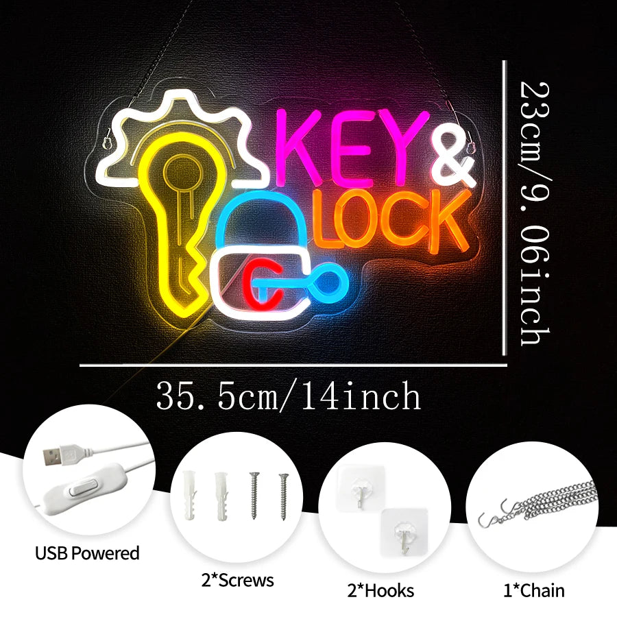 Key and Lock Neon Sign for Wall Decor,USB LED Neon Light for Business Locksmith Shop Security Store Car Dealership Rental Home