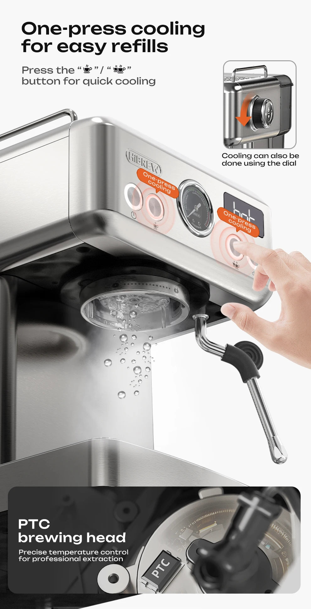 HiBREW 20Bar Semi Automatic Espresso Coffee Machine Temperature Adjustable 58mm Portafilter Cold/Hot Coffee Maker Metal CaseH10A