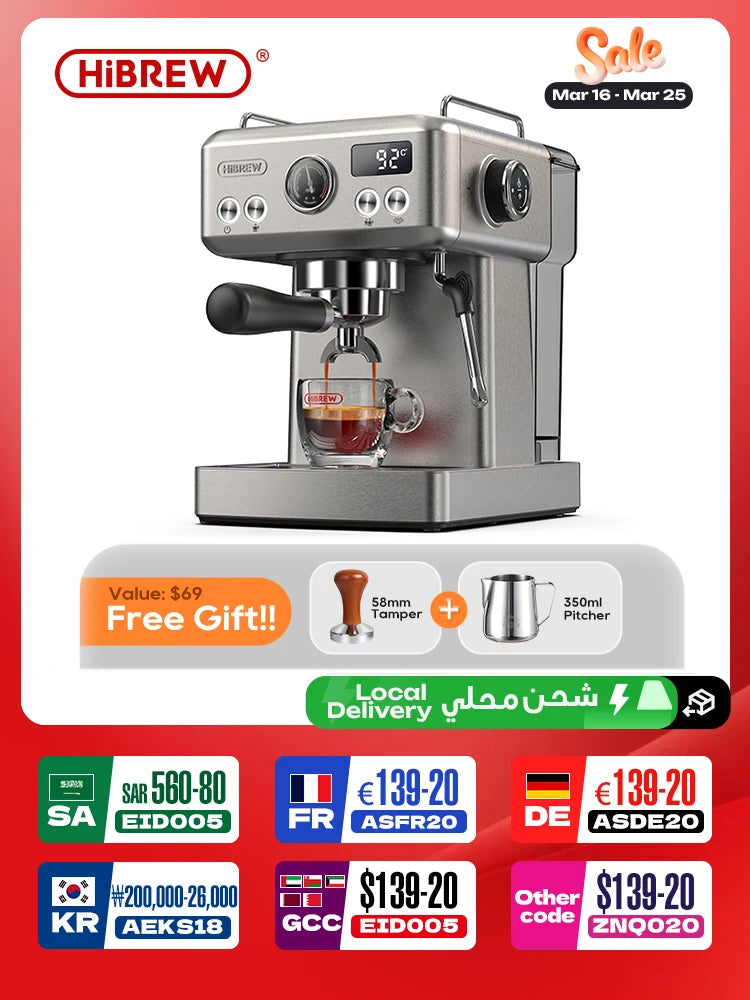 HiBREW 20Bar Semi Automatic Espresso Coffee Machine Temperature Adjustable 58mm Portafilter Cold/Hot Coffee Maker Metal CaseH10A