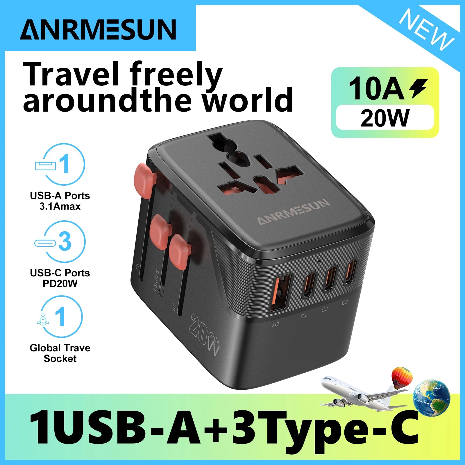 Universal Travel Adapter with 4 AC Outlets Max 2400W 2 USB Port 2 Type-C PD 65W Ports All-in-One Fast Charging EU UK US AUS Plug