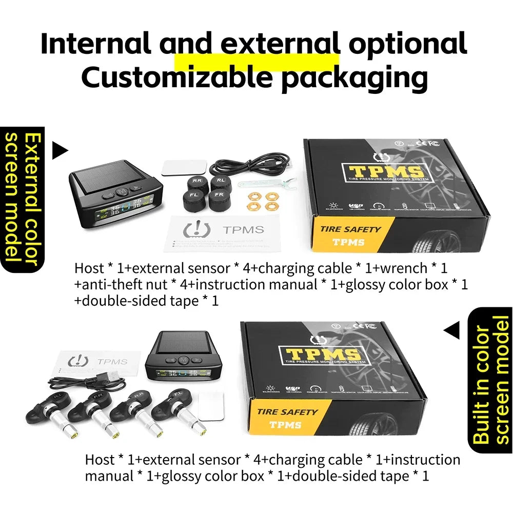TPMS Tire Pressure Monitoring System Car Safety Alarm System Wireless Solar/USB Powered 4 Sensors with Color Digital Display