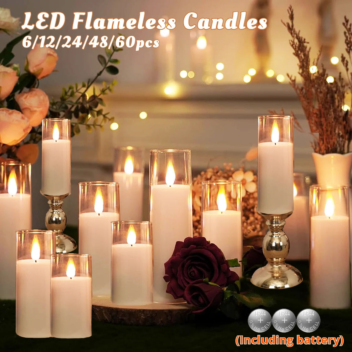 6-60PCS Artificial Candles Led Candles for Wedding Led Candle Flameless Candles Battery Operated Candle for Decorative Wedding