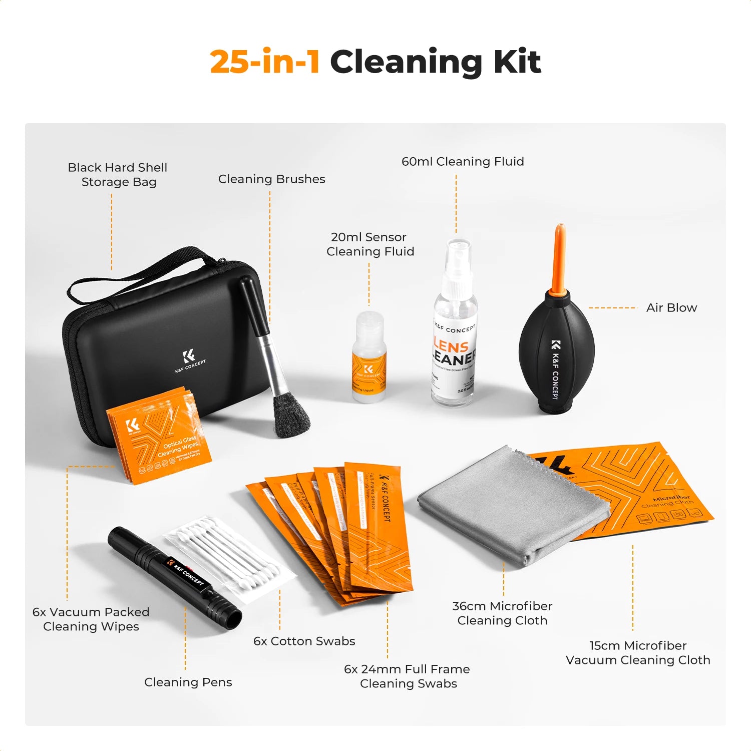 K&F CONCEPT 25 in 1 Camera Cleaning Kit with Camera Blower Wipes Cloth Swabs Cleaner Liquid Cleaning Pen for Camera Lens Phone