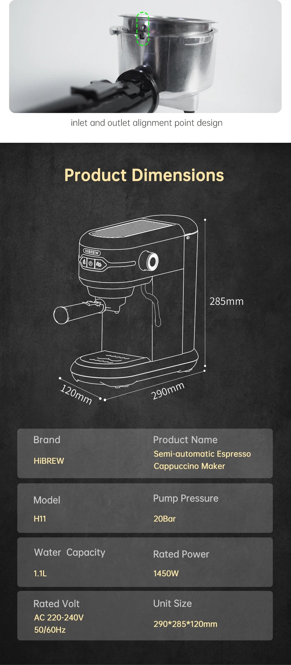 HiBREW Coffee Maker Cafetera 20 Bar Inox Semi Automatic Super Slim ESE POD& Powder Espresso Cappuccino Machine Hot Water H11