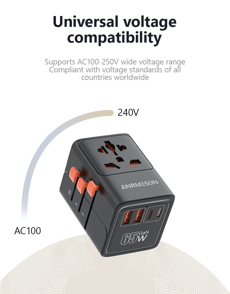 Universal Travel Adapter with 4 AC Outlets Max 2400W 2 USB Port 2 Type-C PD 65W Ports All-in-One Fast Charging EU UK US AUS Plug