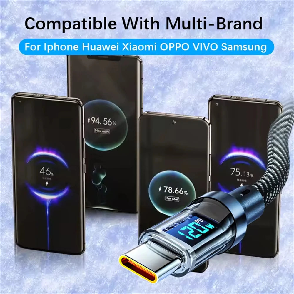 NNBILI 100W USB C 120W USB A charging cables with LED display screen, USB C=C-C，USB A=A-C,Xiaomi iPhone、 Samsung not compatible