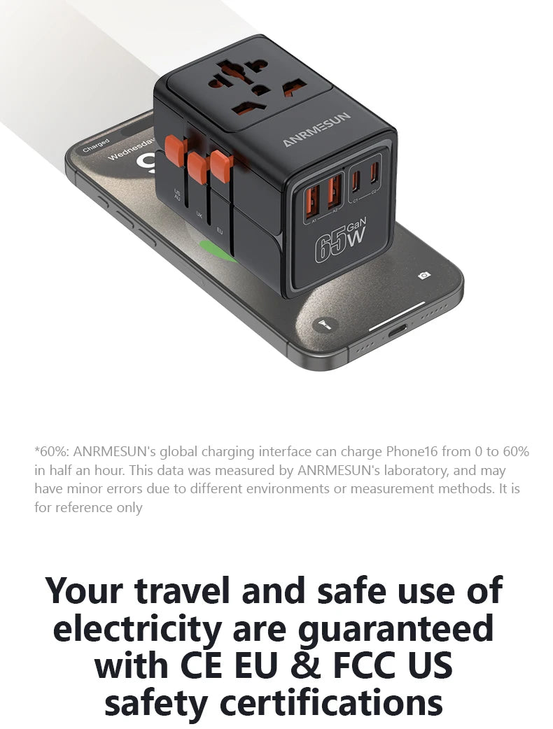 Universal Travel Adapter with 4 AC Outlets Max 2400W 2 USB Port 2 Type-C PD 65W Ports All-in-One Fast Charging EU UK US AUS Plug