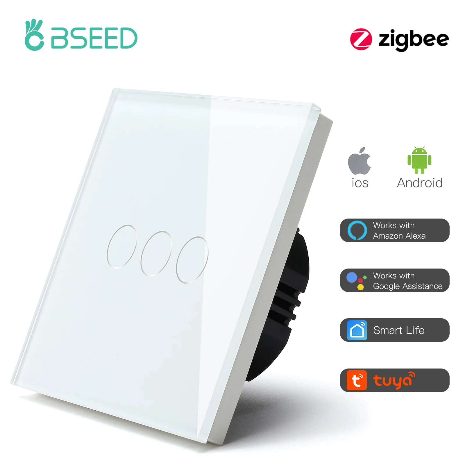 BSEED Smart Zigbee Switches 1/2/3Gang 1Way Intelligent Touch Light Switch Wall Sensor Switches Tuya Smart Life Google Alexa
