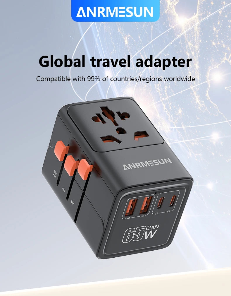 Universal Travel Adapter with 4 AC Outlets Max 2400W 2 USB Port 2 Type-C PD 65W Ports All-in-One Fast Charging EU UK US AUS Plug