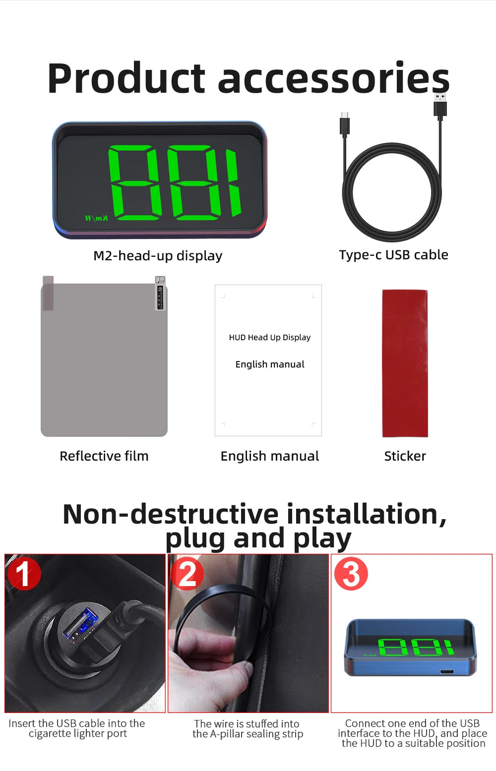 HD Car Head up Display M2 GPS Speedometer KM/H Digital HUD Windshield Projector Universal Auto Electronics Accessory