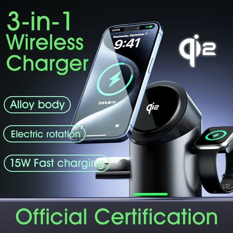 New Truly Qi2 3 In 1 Magnetic Touch Button Wireless Charger For Android iPhone iWatch Airpods Magsafe Fast Charging Dock Station