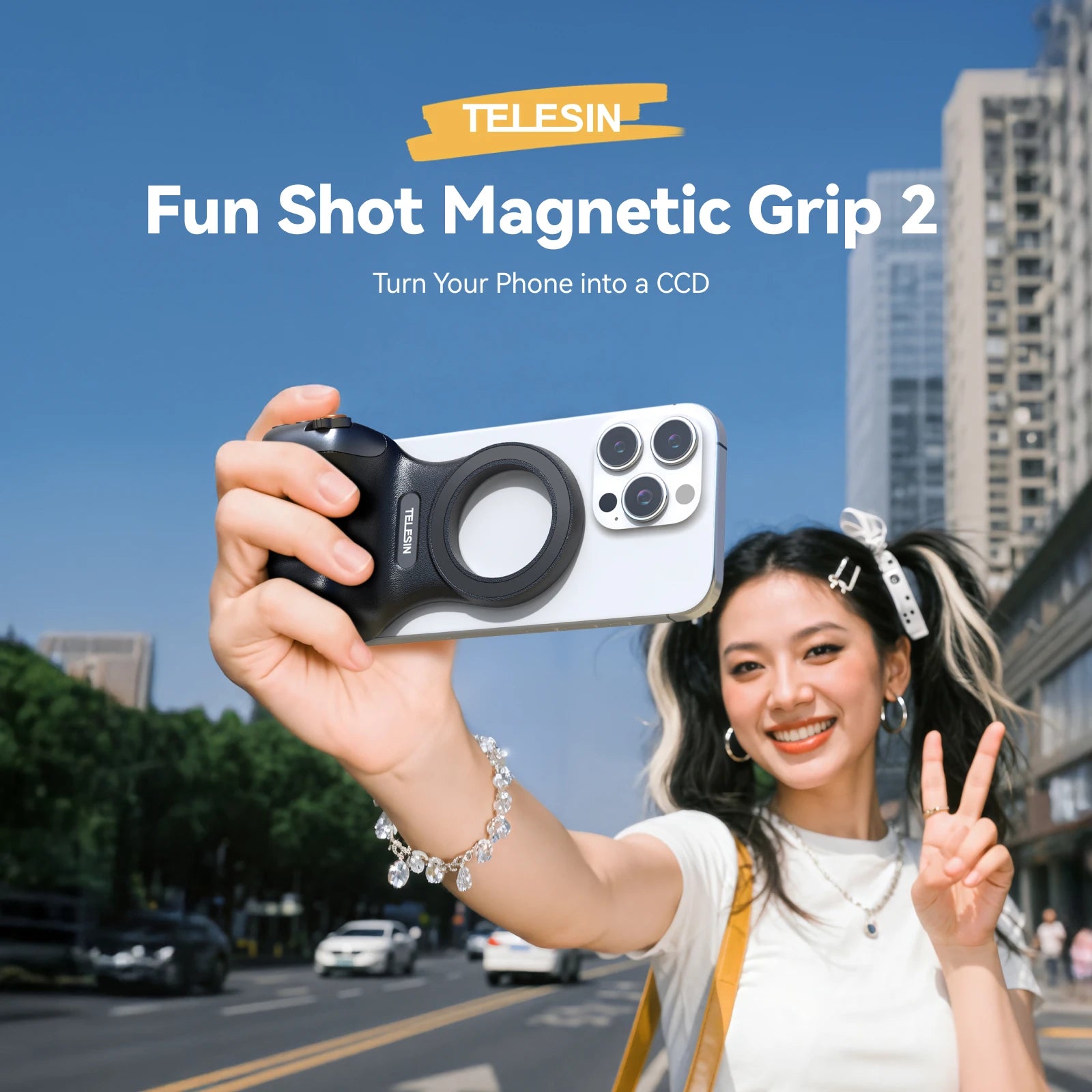 TELESIN Fun Shot Phone Camera Shoot Hand Grip Magnetic Phone Holder Shooting Aid Remote Control Handle for iPhone & Android