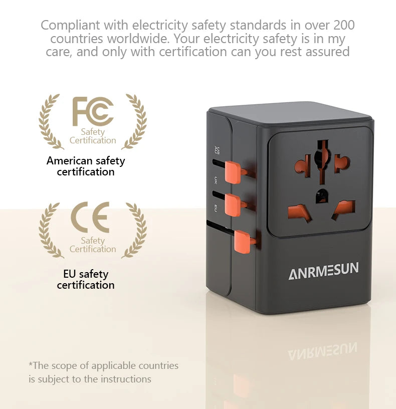 Universal Travel Adapter with 4 AC Outlets Max 2400W 2 USB Port 2 Type-C PD 65W Ports All-in-One Fast Charging EU UK US AUS Plug