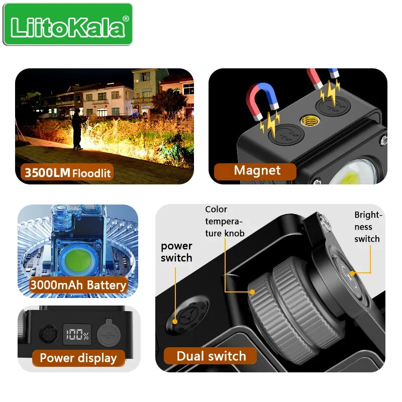 LiitoKala new keychain light 120-3500LM rechargeable flashlight multifunctional portable 3000mAh battery work light