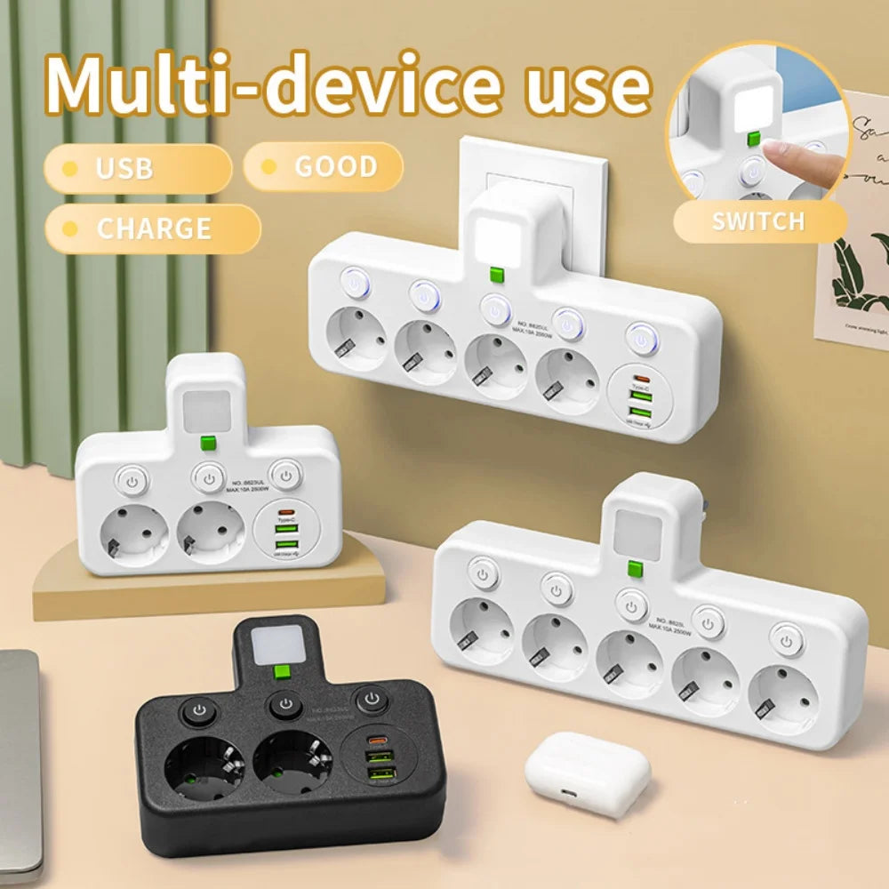 Multiple Sockets AC EU Plug Power Strip No Extension Cable With USB Ports Surge Protector Network Filter Individual Switch