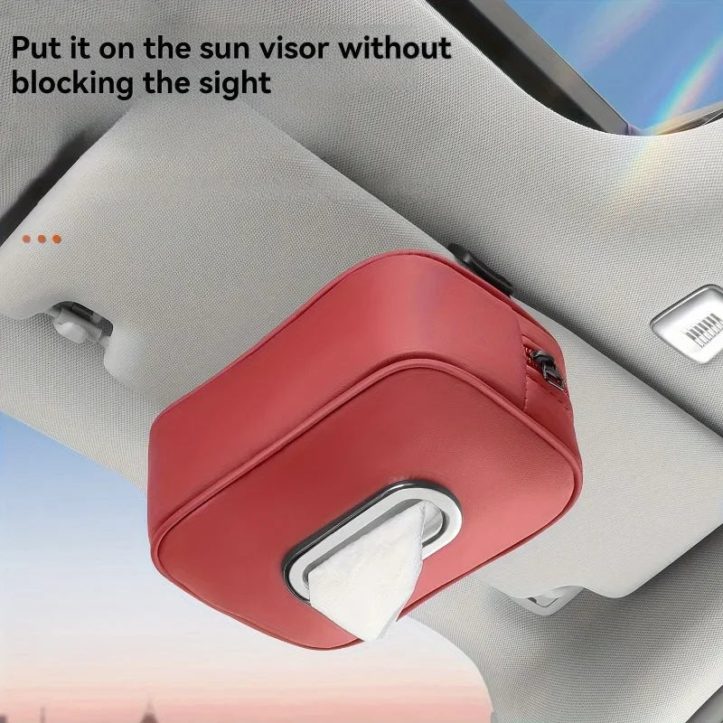 1PC  PU Leather Car Tissue Box Holder, Multi-Functional Storage Organizer for Sun Visor