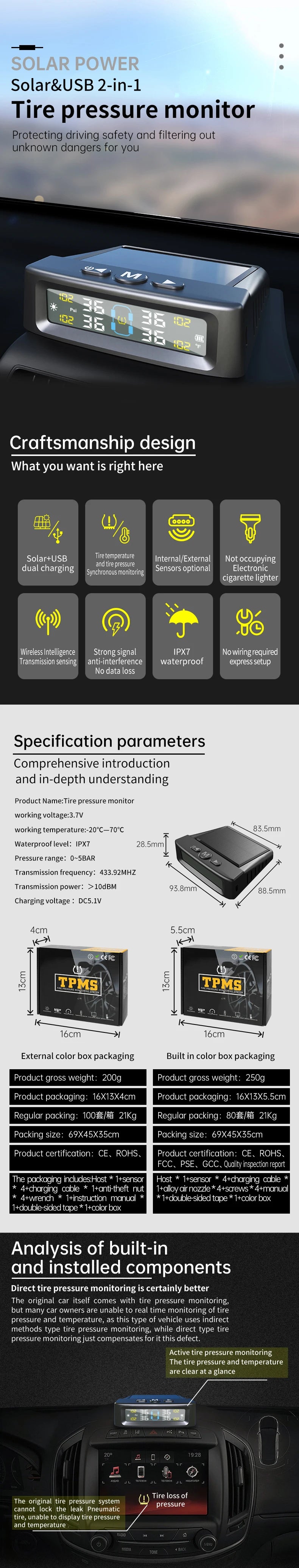 TPMS Tire Pressure Monitoring System Car Safety Alarm System Wireless Solar/USB Powered 4 Sensors with Color Digital Display