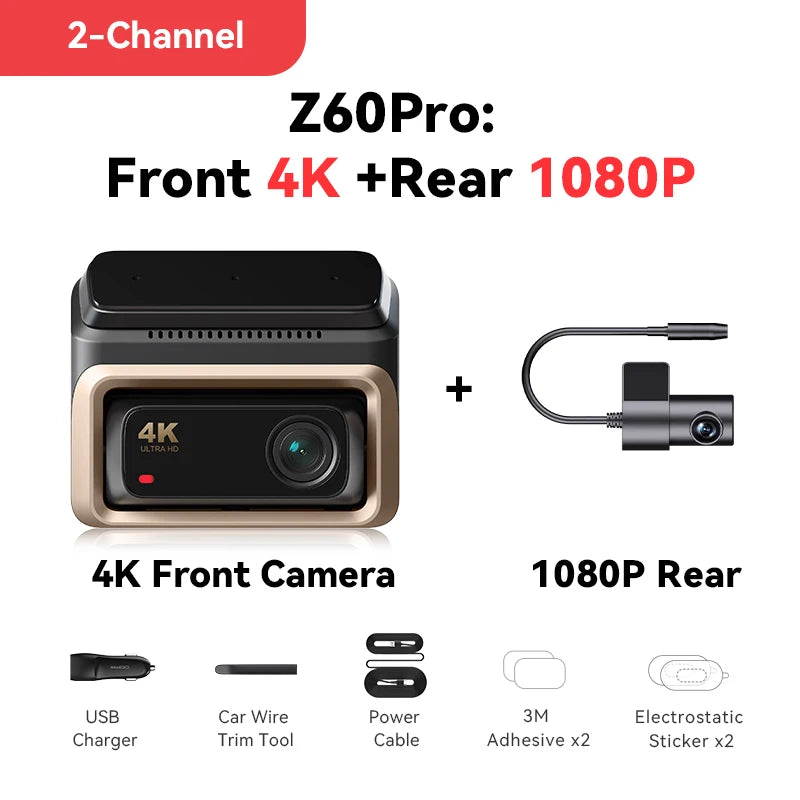 DDPAI 4K Dash Cam Z60 Pro Support Rear and Interior Car Camera SONY STARVIS2 Sensor 24h Parking 5GHz Wi-Fi ADAS GPS 4G Car DVR