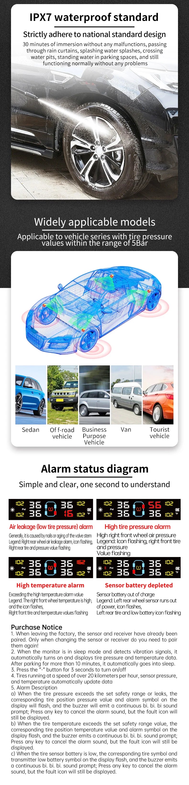 TPMS Tire Pressure Monitoring System Car Safety Alarm System Wireless Solar/USB Powered 4 Sensors with Color Digital Display