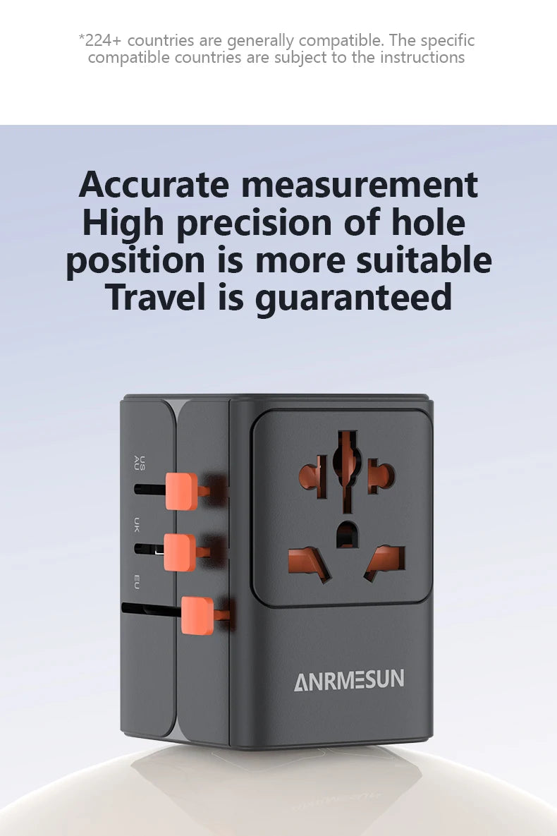 Universal Travel Adapter with 4 AC Outlets Max 2400W 2 USB Port 2 Type-C PD 65W Ports All-in-One Fast Charging EU UK US AUS Plug