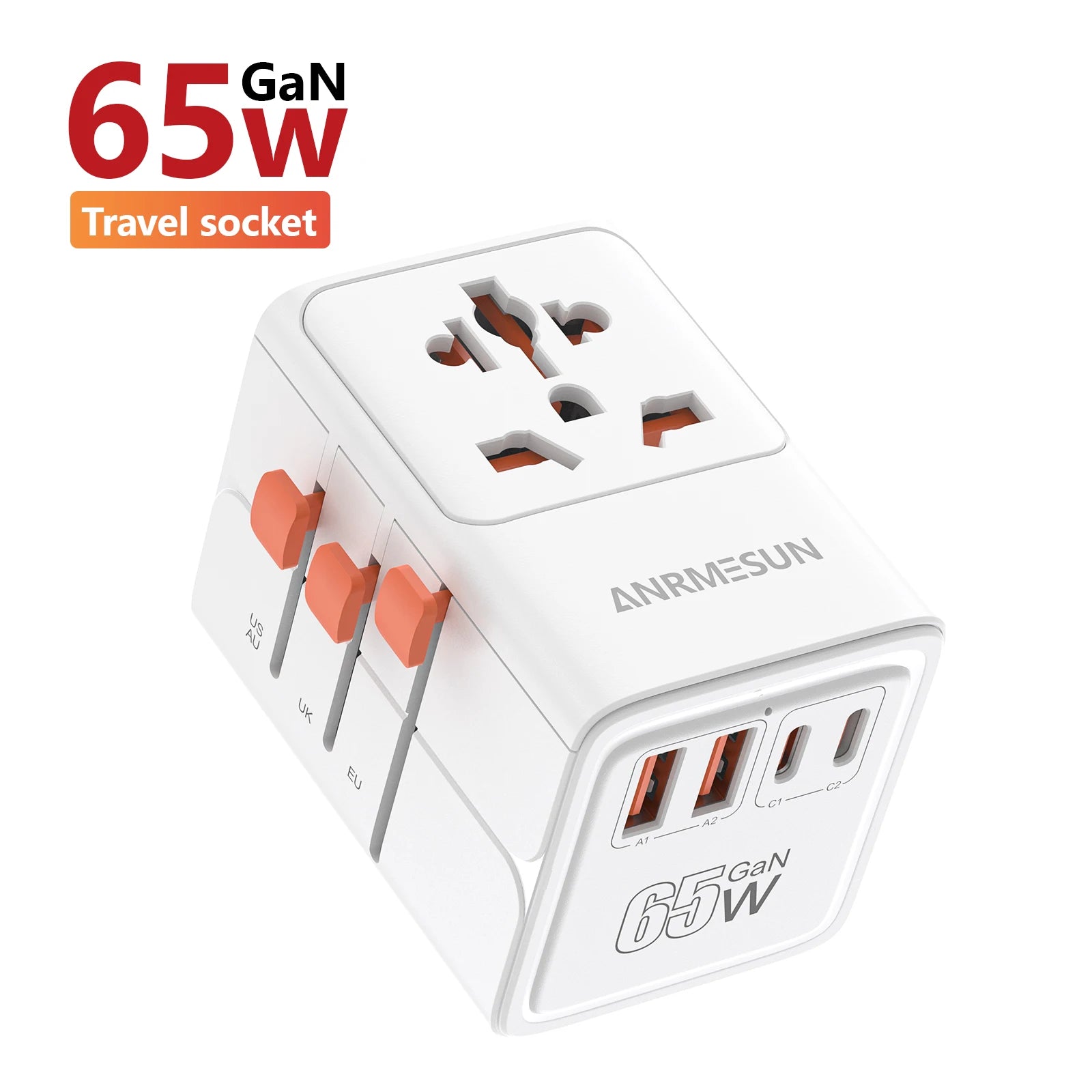 Universal Travel Adapter with 4 AC Outlets Max 2400W 2 USB Port 2 Type-C PD 65W Ports All-in-One Fast Charging EU UK US AUS Plug